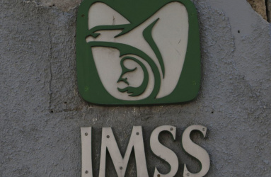 Logo del IMSS en una pared gris.