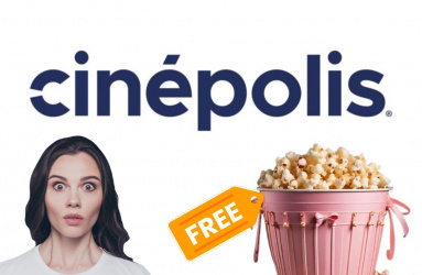 Mujer sorprendida, bote de palomitas rosas, logo de Cinépolis para explicar qué pasa si se te caen las palomitas en el cine y cómo lograr que Cinépolis las reponga gratis