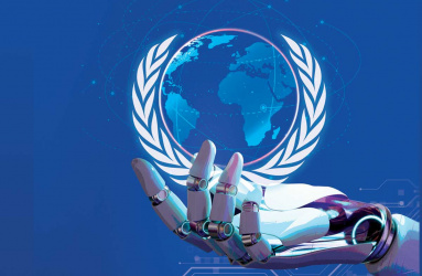 Ilustración de una mano robótica que tiene la bandera de la ONU en la palma.